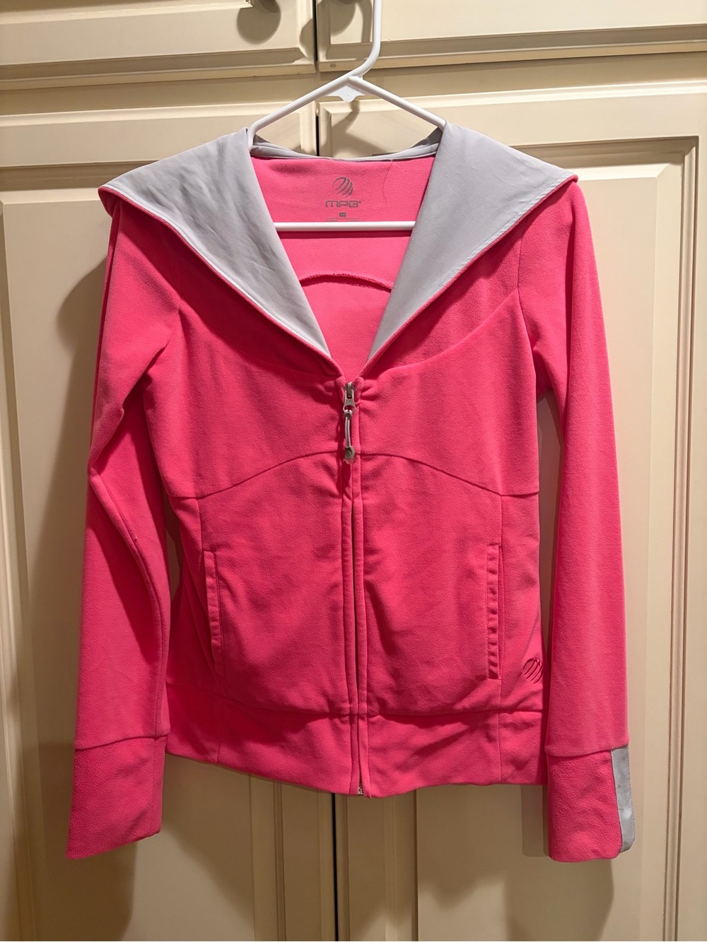 MPG Pink Zip-Front hoodie with Light Gray Hood Trim. Size S/P